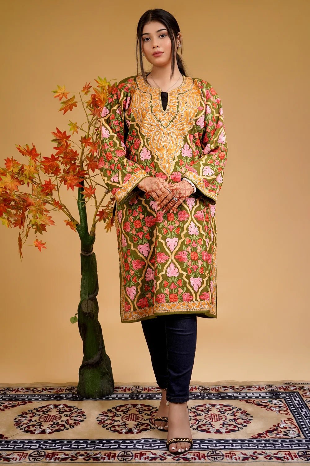 Woollen Kashmiri Jaal Pattern Phiran with Aari and Tilla Embroidery