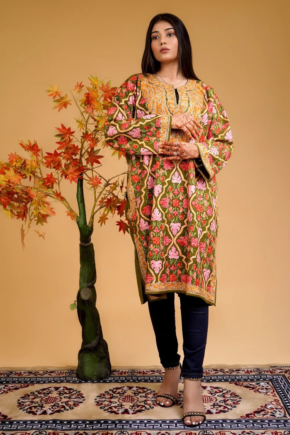 Woollen Kashmiri Jaal Pattern Phiran with Aari and Tilla Embroidery