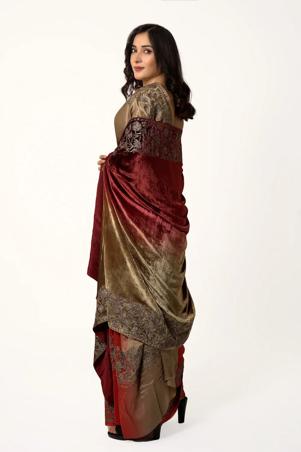 Ombre Fawn & Maroon Gloss Velvet Cape Shawl with Kashmiri Tilla Thread Work