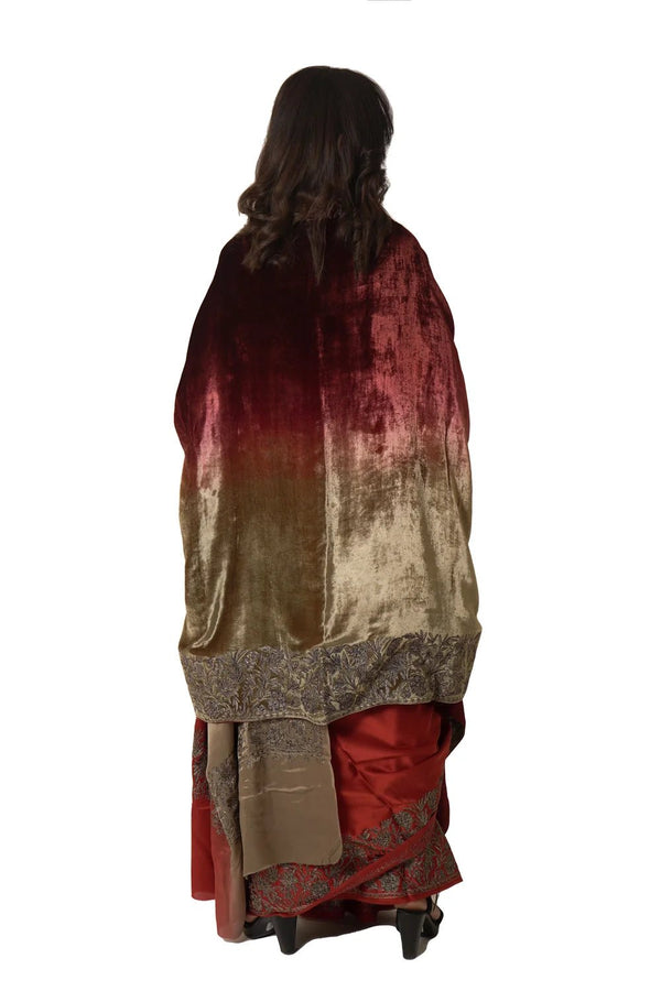 Ombre Fawn & Maroon Gloss Velvet Cape Shawl with Kashmiri Tilla Thread Work