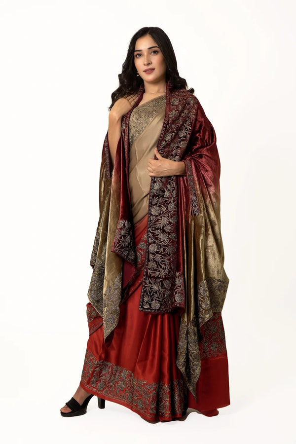 Ombre Fawn & Maroon Gloss Velvet Cape Shawl with Kashmiri Tilla Thread Work