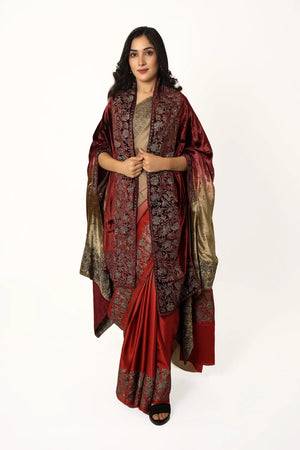 Ombre Fawn & Maroon Gloss Velvet Cape Shawl with Kashmiri Tilla Thread Work