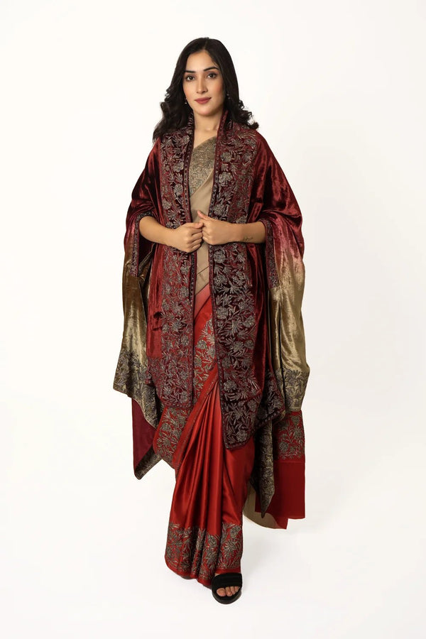 Ombre Fawn & Maroon Gloss Velvet Cape Shawl with Kashmiri Tilla Thread Work