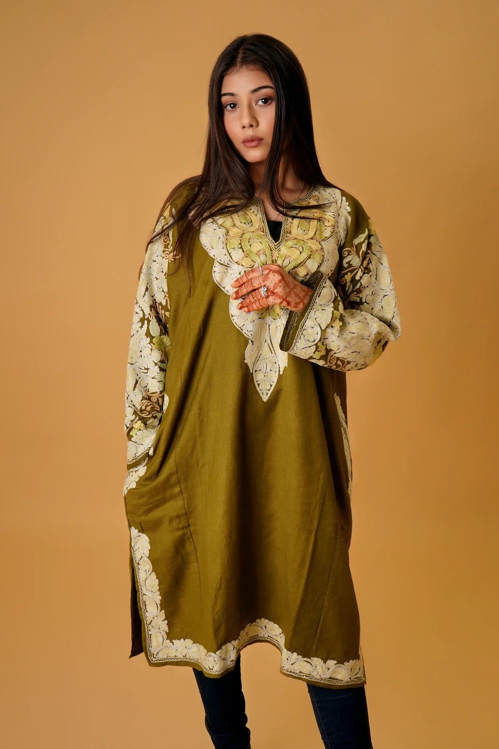 Olive Green Phiran With Aari And Tilla Embroidery