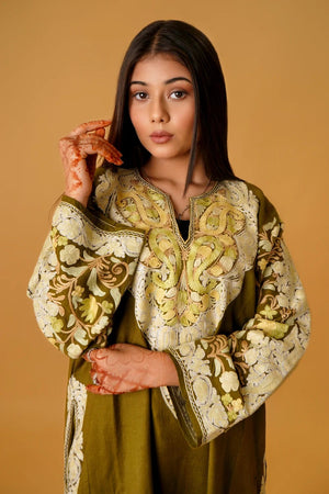 Olive Green Phiran With Aari And Tilla Embroidery Close Up