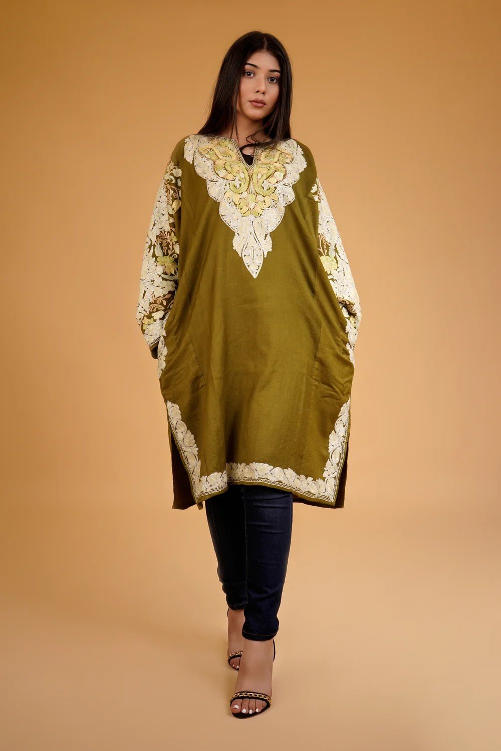 Olive Green Phiran With Aari And Tilla Embroidery