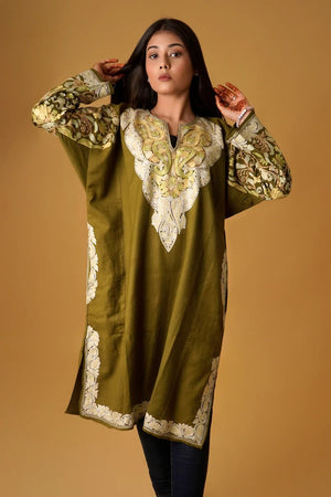 Olive Green Phiran With Aari And Tilla Embroidery