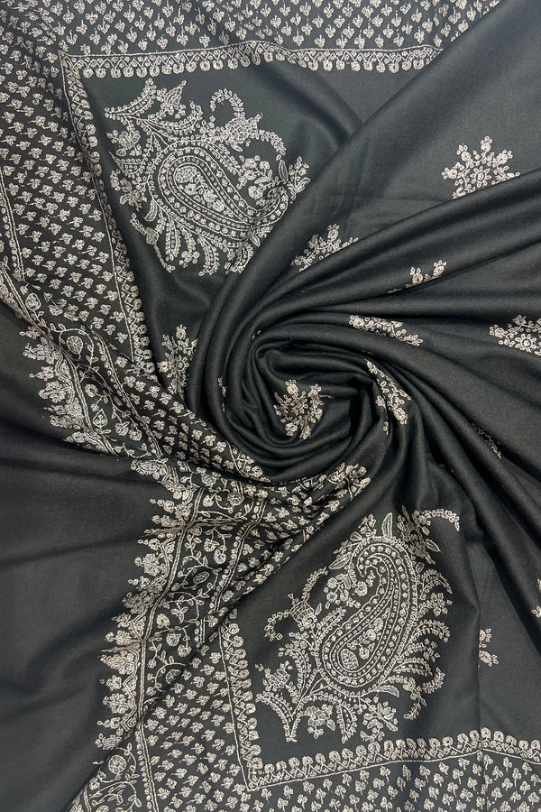 Black Pure Pashmina Gents Hand Sozni Embroidery Shawl
