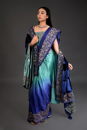 Ombre Blue & Green Gloss Velvet  Tilla Thread Work Cape Shawl