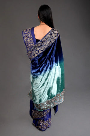 Ombre Blue & Green Gloss Velvet  Tilla Thread Work Cape Shawl