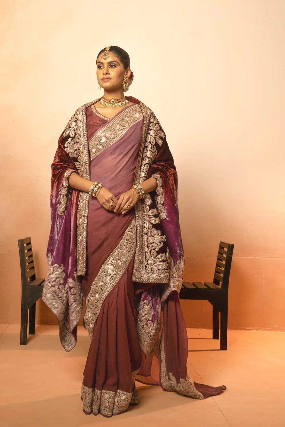 Gloss Velvet Tilla Work Ombre Shade Cape