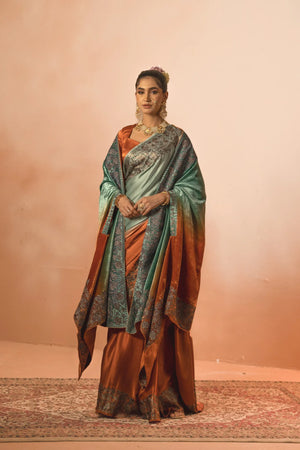 Ombre Rust & Green Gloss Velvet Cape Shawl with Kashmiri Tilla Thread Work
