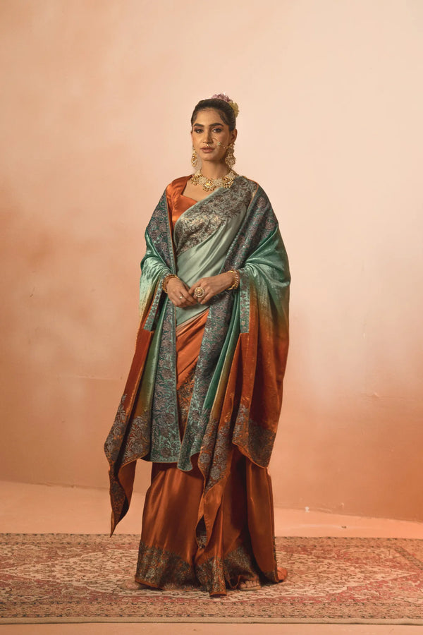 Ombre Rust & Green Gloss Velvet Cape Shawl with Kashmiri Tilla Thread Work