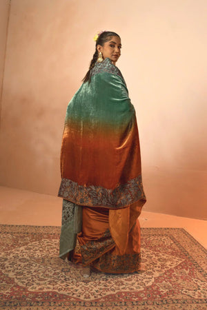 Ombre Rust & Green Gloss Velvet Cape Shawl with Kashmiri Tilla Thread Work