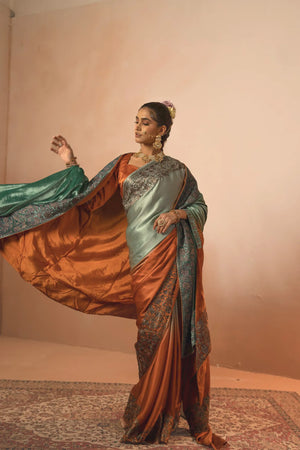 Ombre Rust & Green Gloss Velvet Cape Shawl with Kashmiri Tilla Thread Work