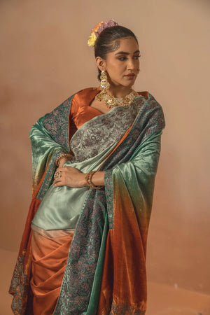 Ombre Rust & Green Gloss Velvet Cape Shawl with Kashmiri Tilla Thread Work