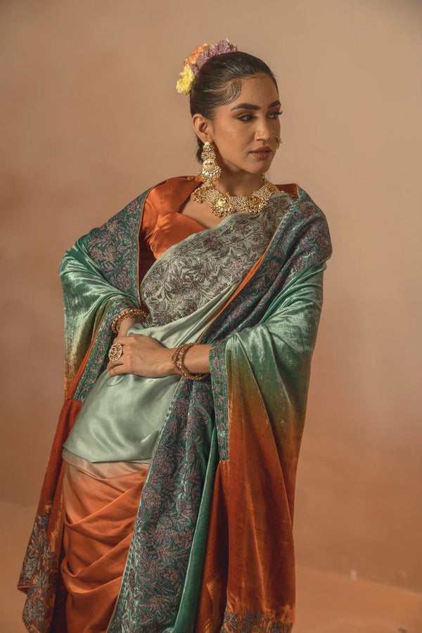 Ombre Rust & Green Gloss Velvet Cape Shawl with Kashmiri Tilla Thread Work