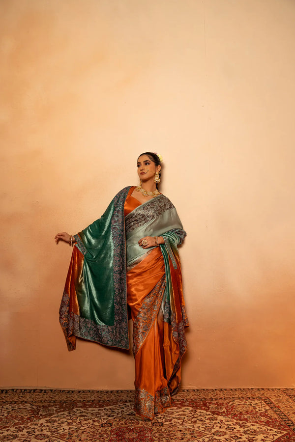 Ombre Rust & Green Gloss Velvet Cape Shawl with Kashmiri Tilla Thread Work