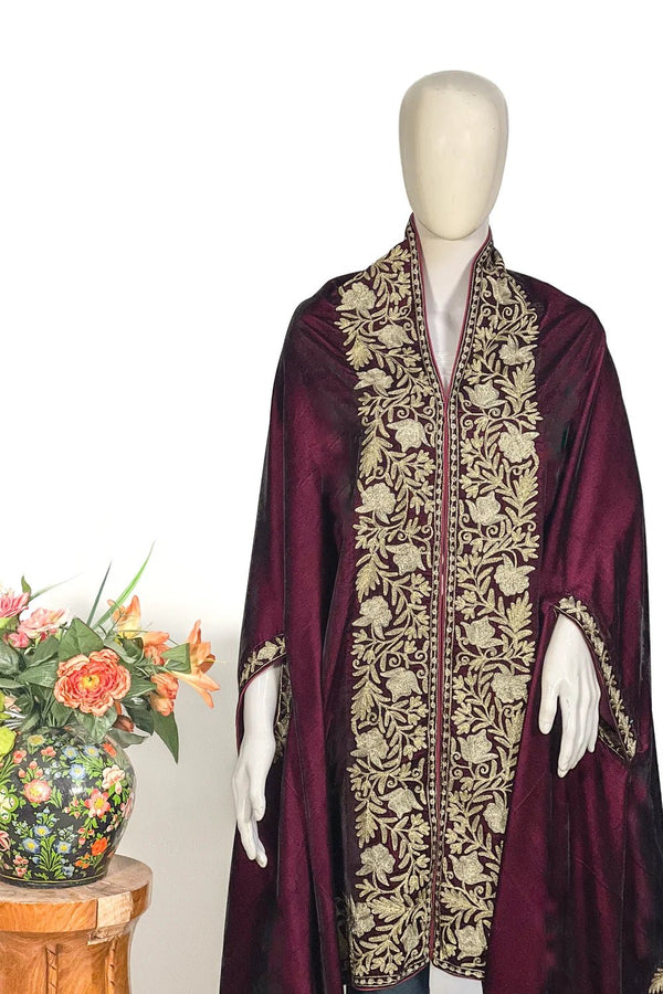 Wine Velvet Cape Shawl with Tilla Embroidery: Floral Bel