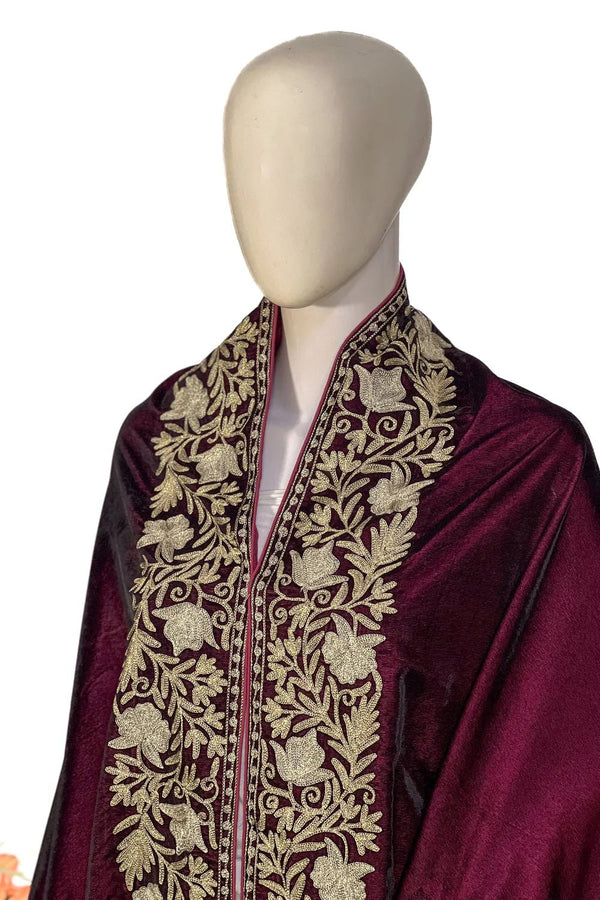 Wine Velvet Cape Shawl with Tilla Embroidery: Floral Bel
