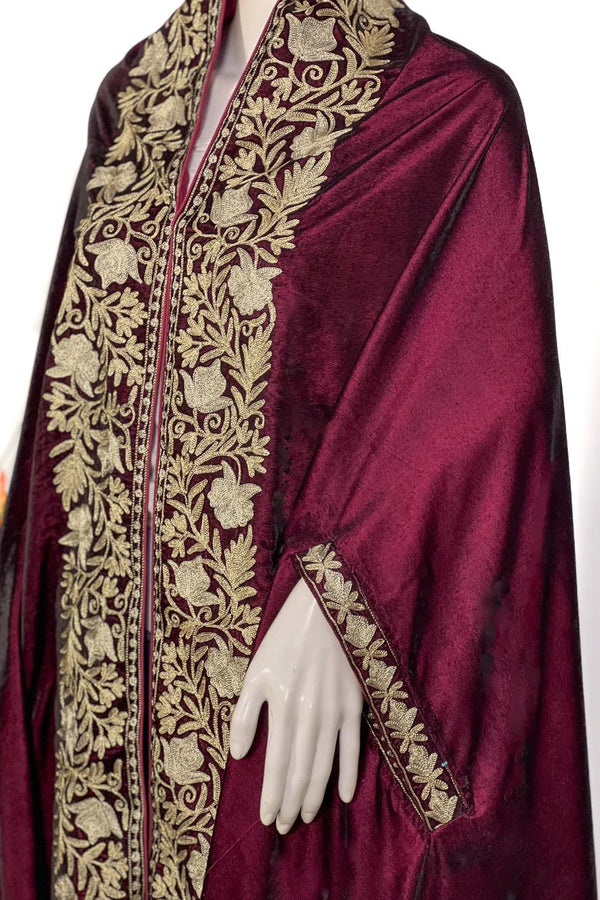 Wine Velvet Cape Shawl with Tilla Embroidery: Floral Bel