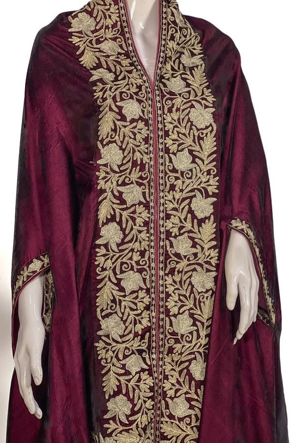 Wine Velvet Cape Shawl with Tilla Embroidery: Floral Bel