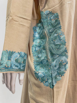 Light Beige Woollen Phiran with Multi-Colour Aari Work
