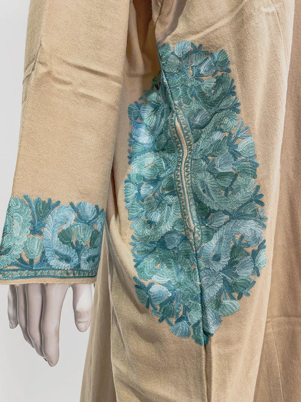 Light Beige Woollen Phiran with Multi-Colour Aari Work