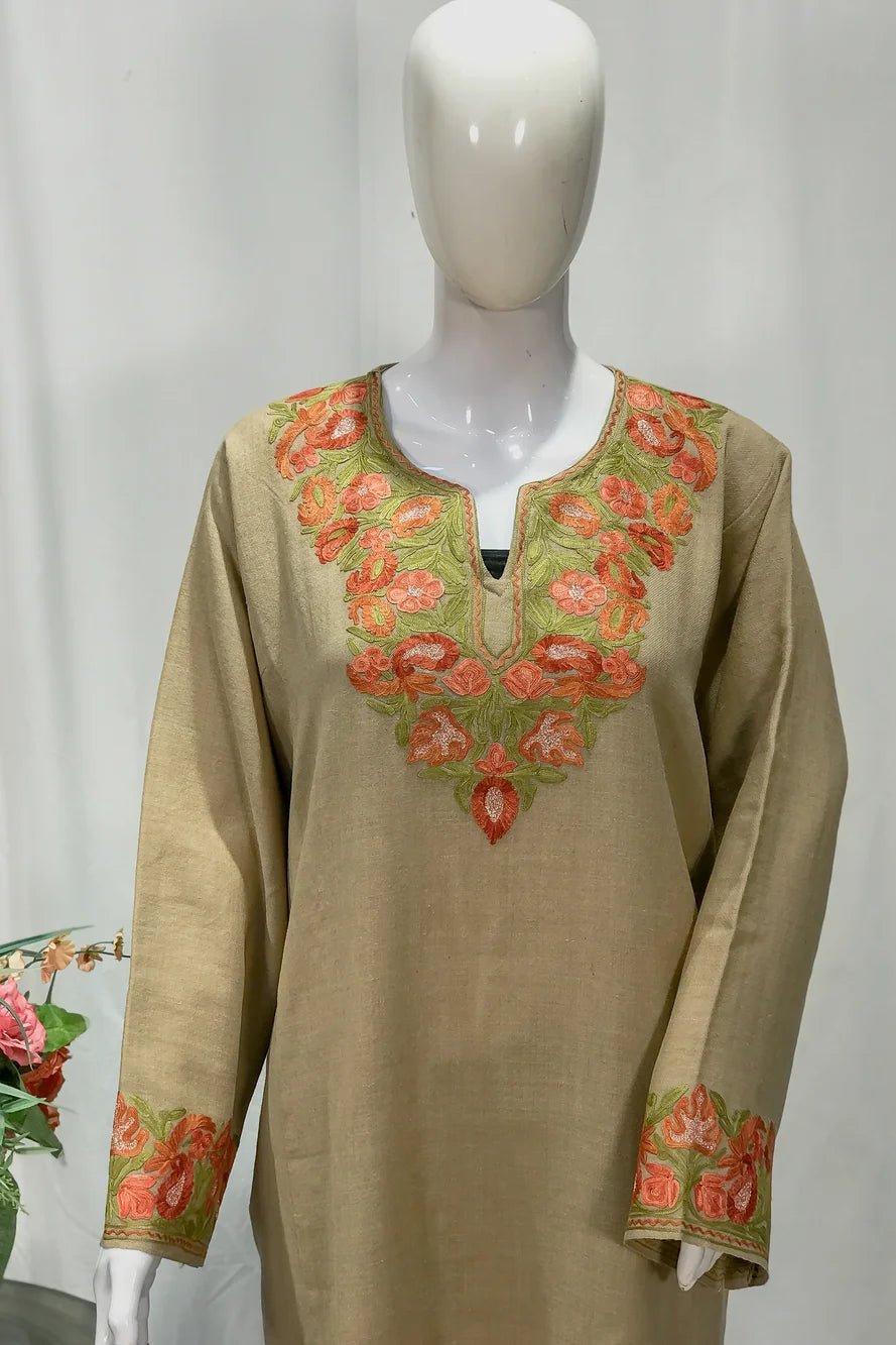 Camel Color Woollen Phiran with Kashmiri Embroidery