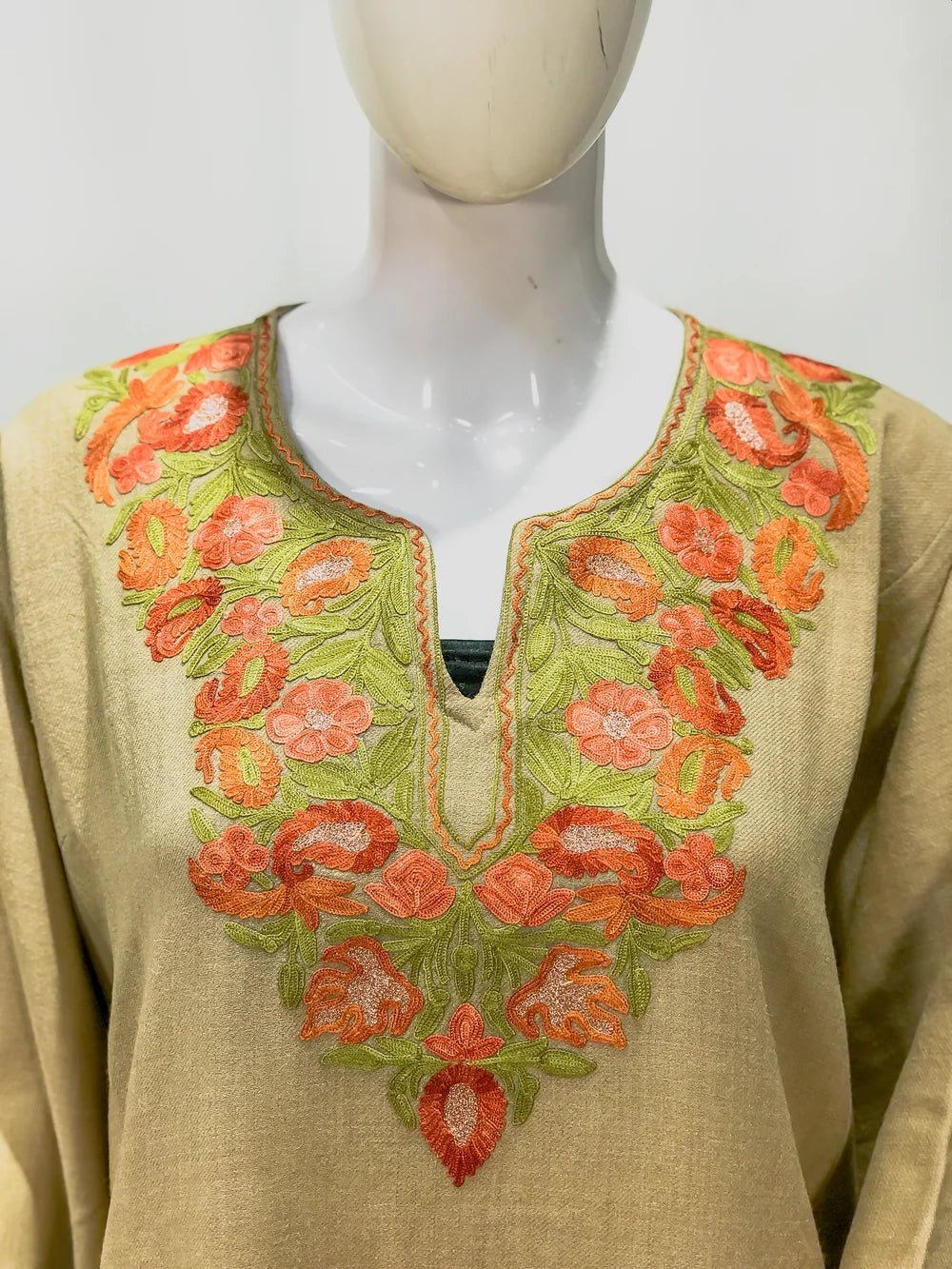 Camel Color Woollen Phiran with Kashmiri Embroidery