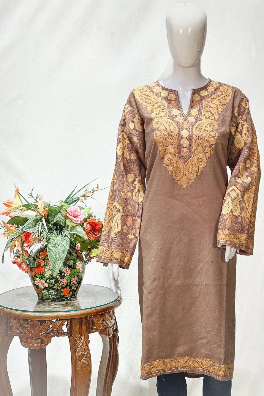 Mocha Woollen Phiran with Aari Embroidery