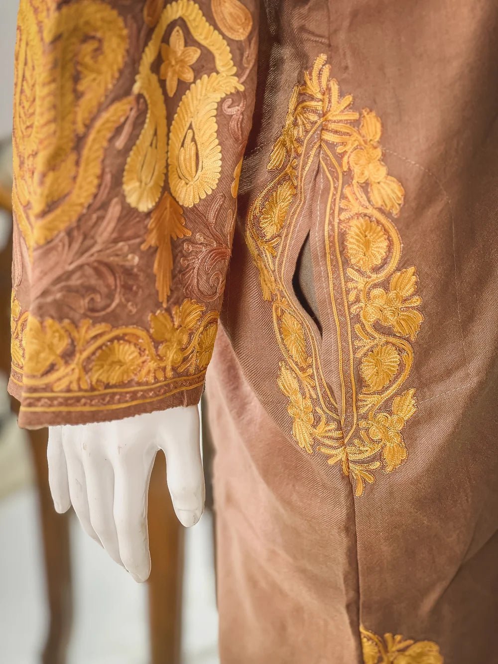 Mocha Woollen Phiran with Aari Embroidery