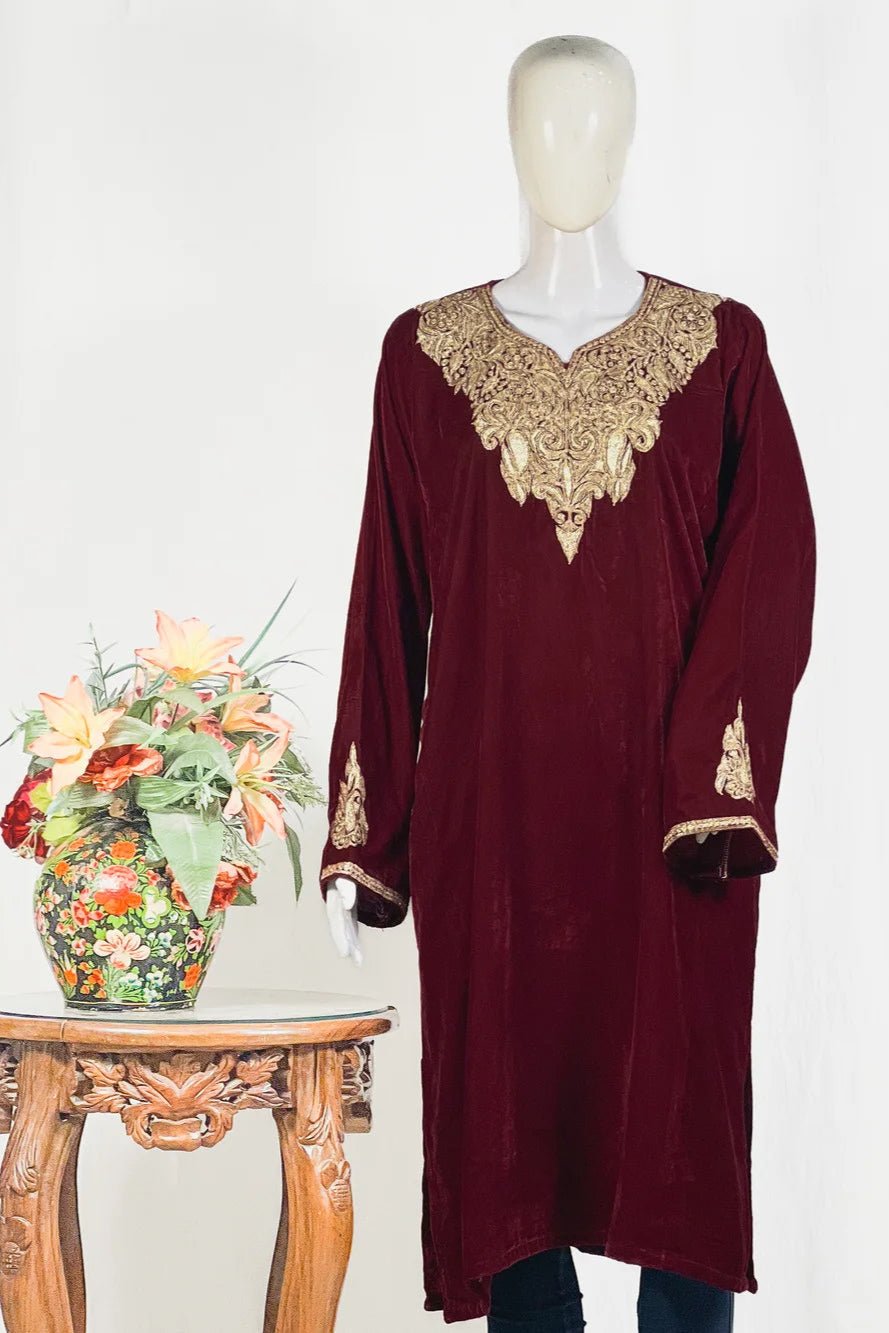 Maroon Velvet Phiran with Tilla Embroidery