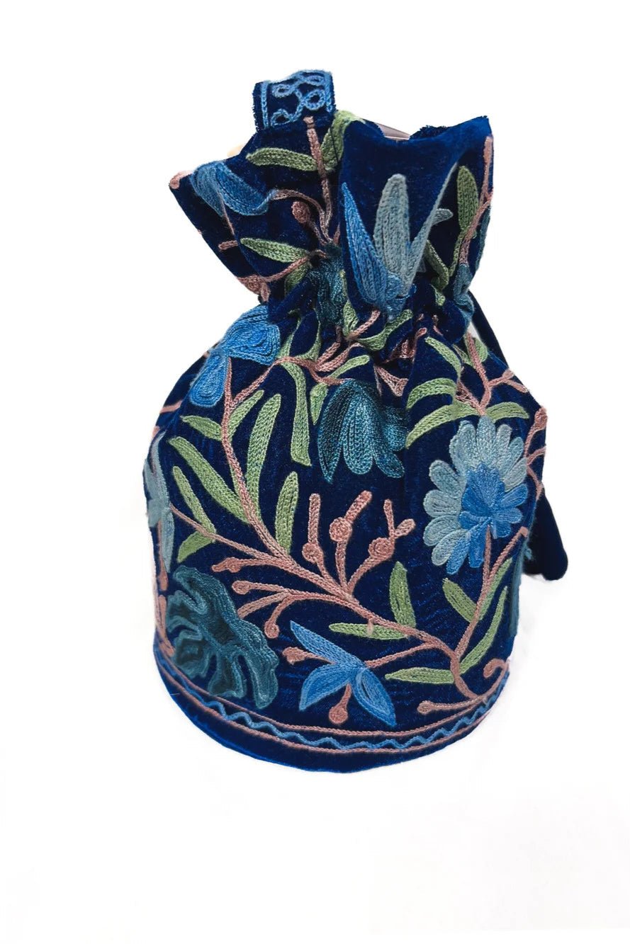 Peacock Blue Aari Jaal Embroidered Potli Bag