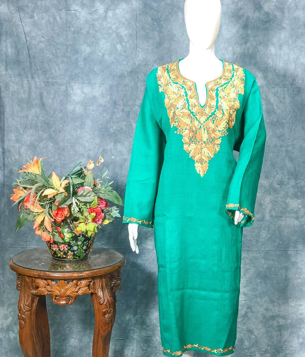 Green Woollen Phiran with Aari Embroidery
