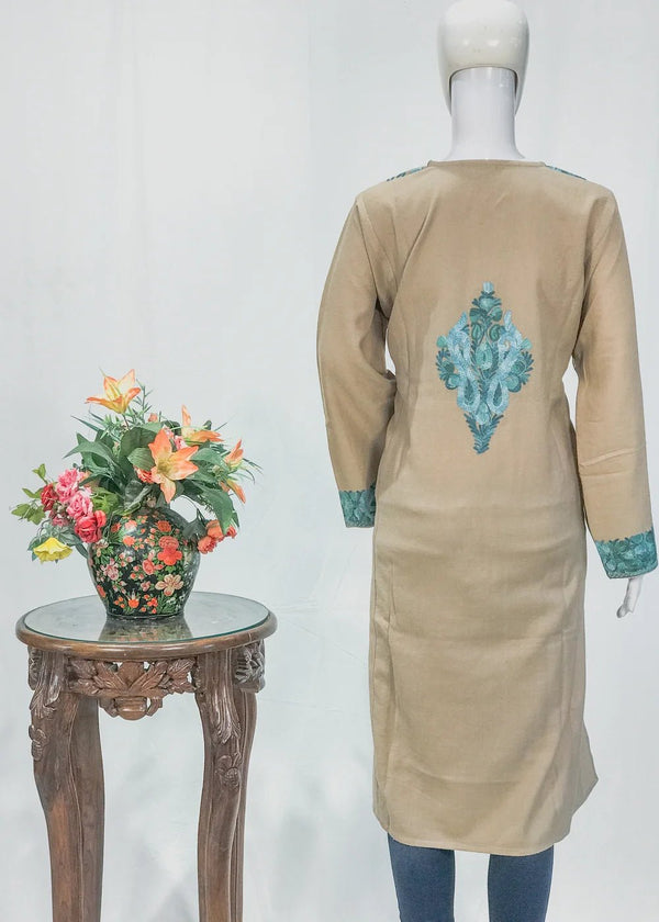 Light Beige Woollen Phiran with Multi-Colour Aari Work