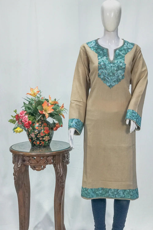 Light Beige Woollen Phiran with Multi-Colour Aari Work