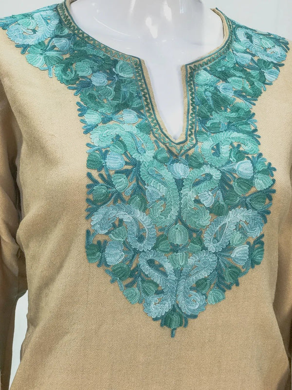 Light Beige Woollen Phiran with Multi-Colour Aari Work
