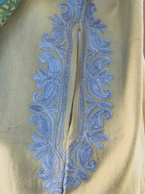Light Fawn Woollen Phiran with Multi-Colour Aari Work and Zari Detailing