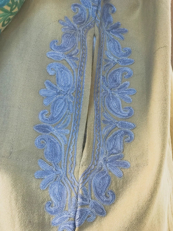 Light Fawn Woollen Phiran with Multi-Colour Aari Work and Zari Detailing