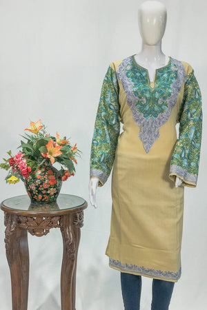 Light Fawn Woollen Phiran with Multi-Colour Aari Work and Zari Detailing