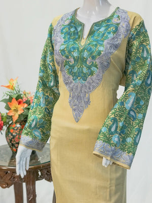 Light Fawn Woollen Phiran with Multi-Colour Aari Work and Zari Detailing