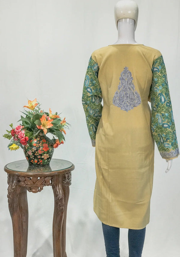 Light Fawn Woollen Phiran with Multi-Colour Aari Work and Zari Detailing
