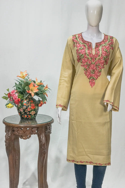 Cream Woollen Phiran with Multi-Colour Aari Work