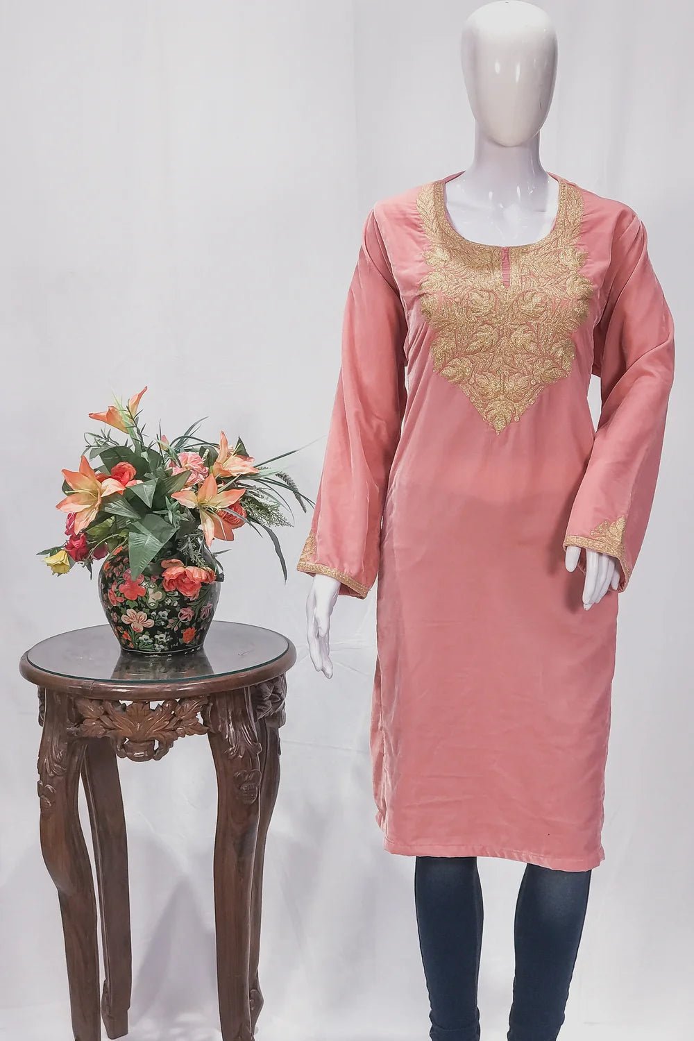 Pink Velvet Phiran with Golden Zari Work