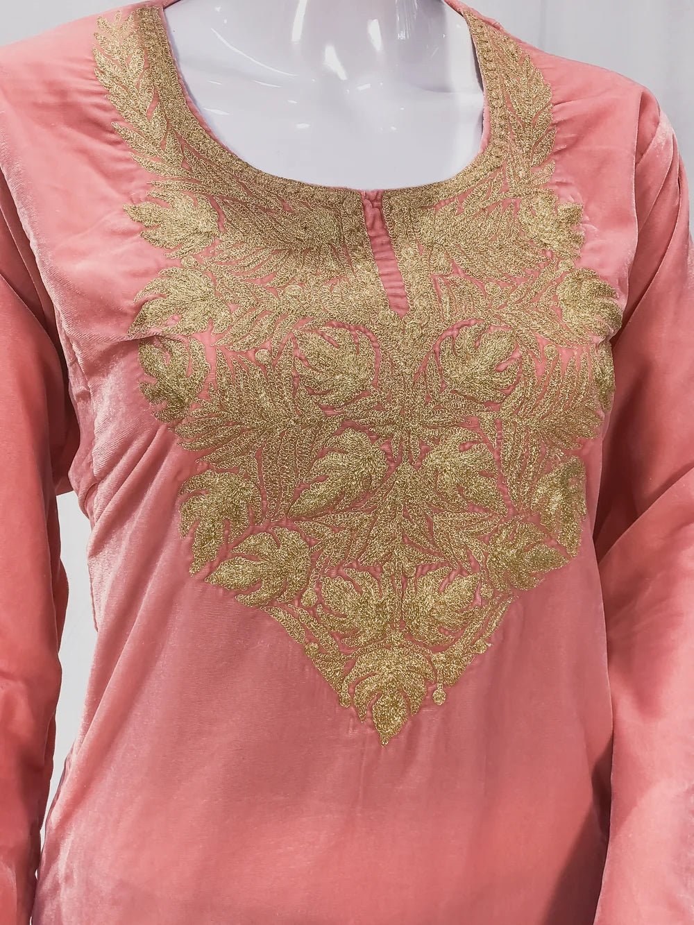 Pink Velvet Phiran with Golden Zari Work