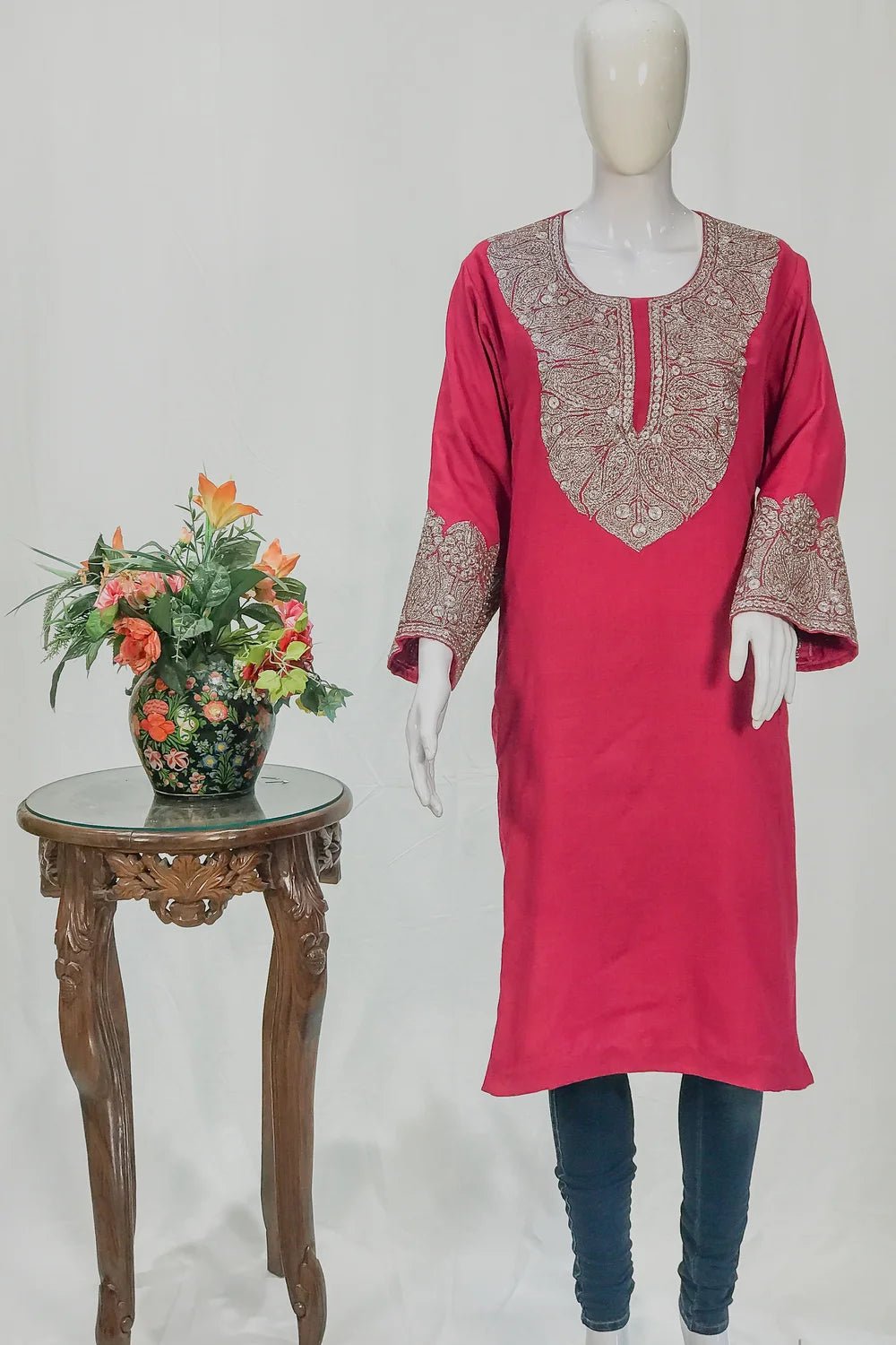 Pink Woollen Phiran with Silver Oxidised Tilla Work