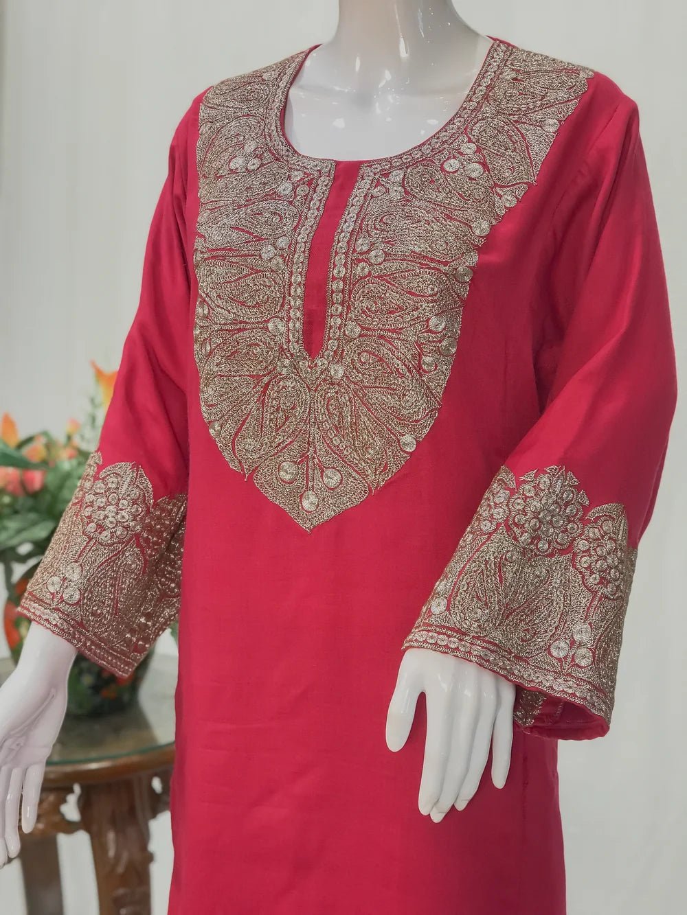 Pink Woollen Phiran with Silver Oxidised Tilla Work