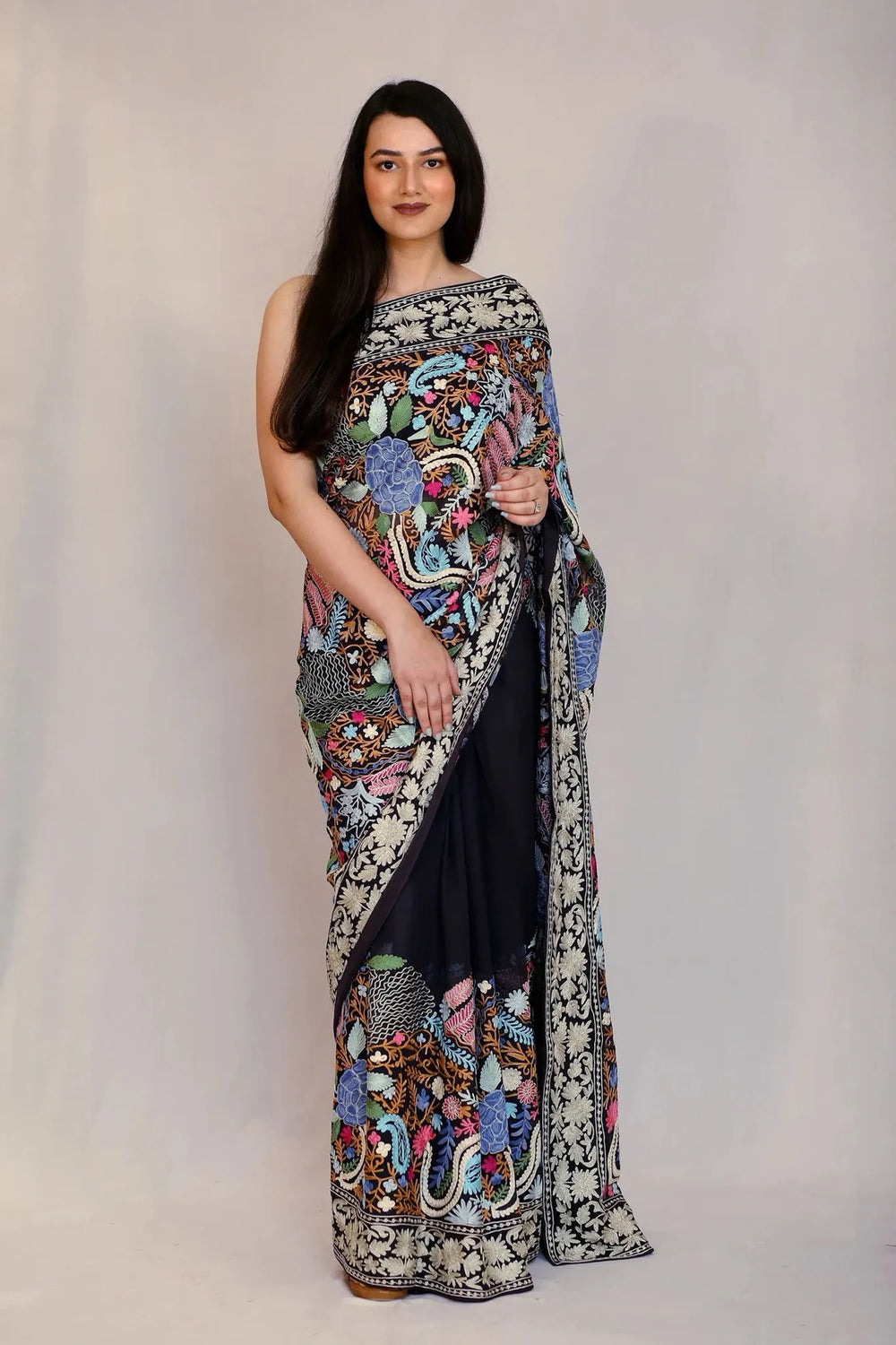 Navy Blue Floral Jaal Embroidered Saree