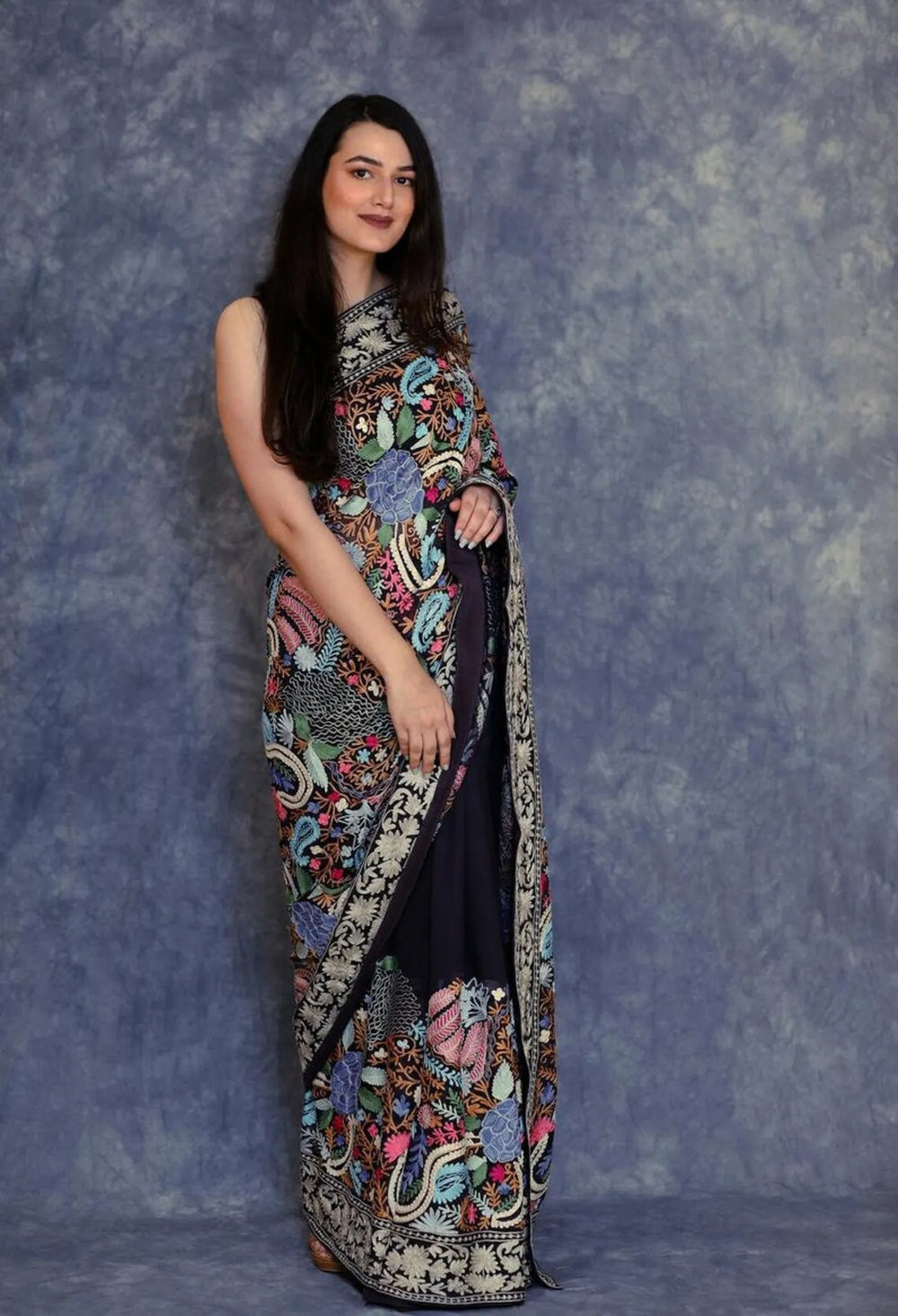 Navy Blue Floral Jaal Embroidered Saree